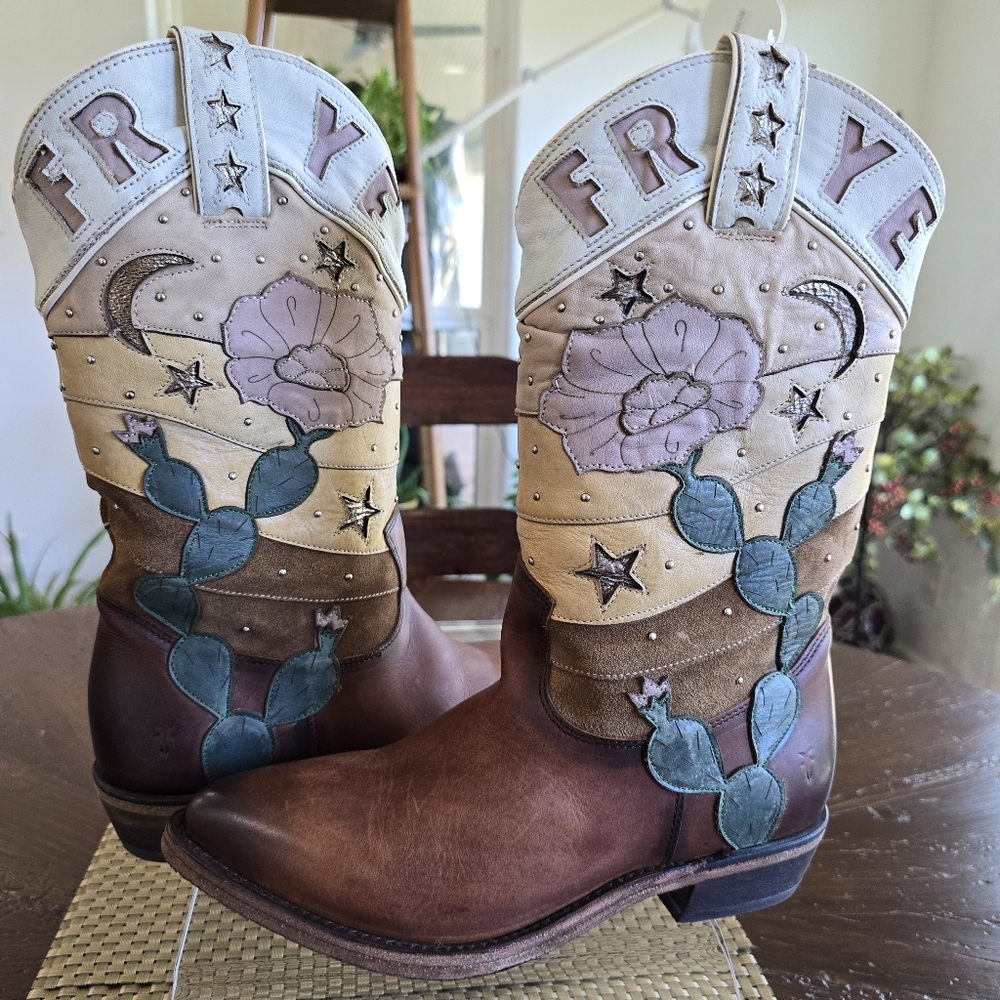 NWOB Frye Brown & Tan Western Cactus Embroidered Heeled Boots - Picture 5 of 12